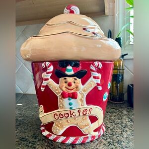 Saks Fifth Avenue Red and Cream Holiday Decor Gingerbread House Cookie Jar